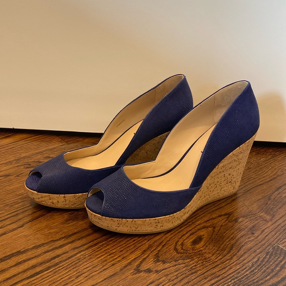 Via Spiga blue peep-toe wedges